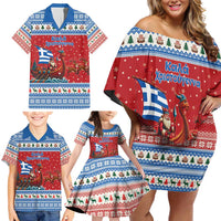 Greece Viking Santa Christmas Family Matching Off Shoulder Short Dress and Hawaiian Shirt Funny Reindeer Norse Xmas - Wonder Print Shop