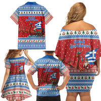 Greece Viking Santa Christmas Family Matching Off Shoulder Short Dress and Hawaiian Shirt Funny Reindeer Norse Xmas - Wonder Print Shop