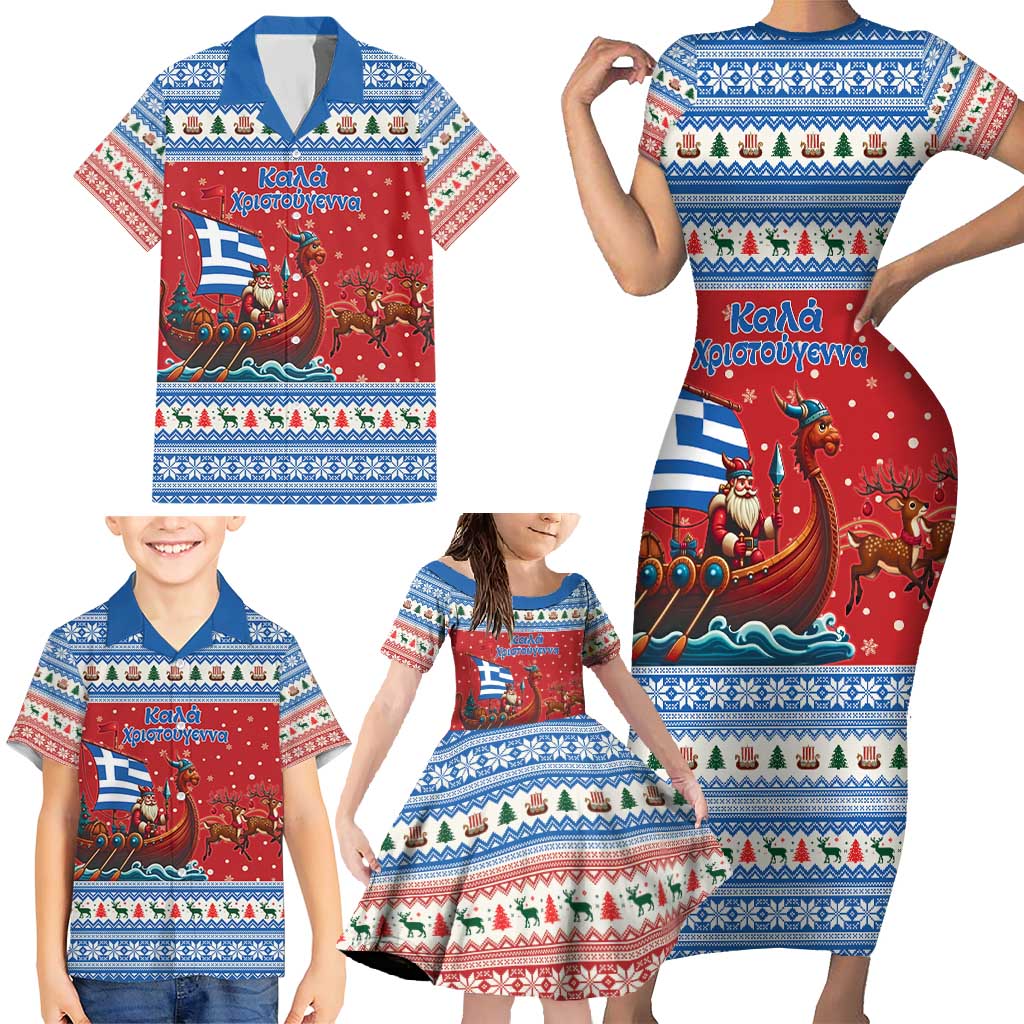 Greece Viking Santa Christmas Family Matching Short Sleeve Bodycon Dress and Hawaiian Shirt Funny Reindeer Norse Xmas - Wonder Print Shop