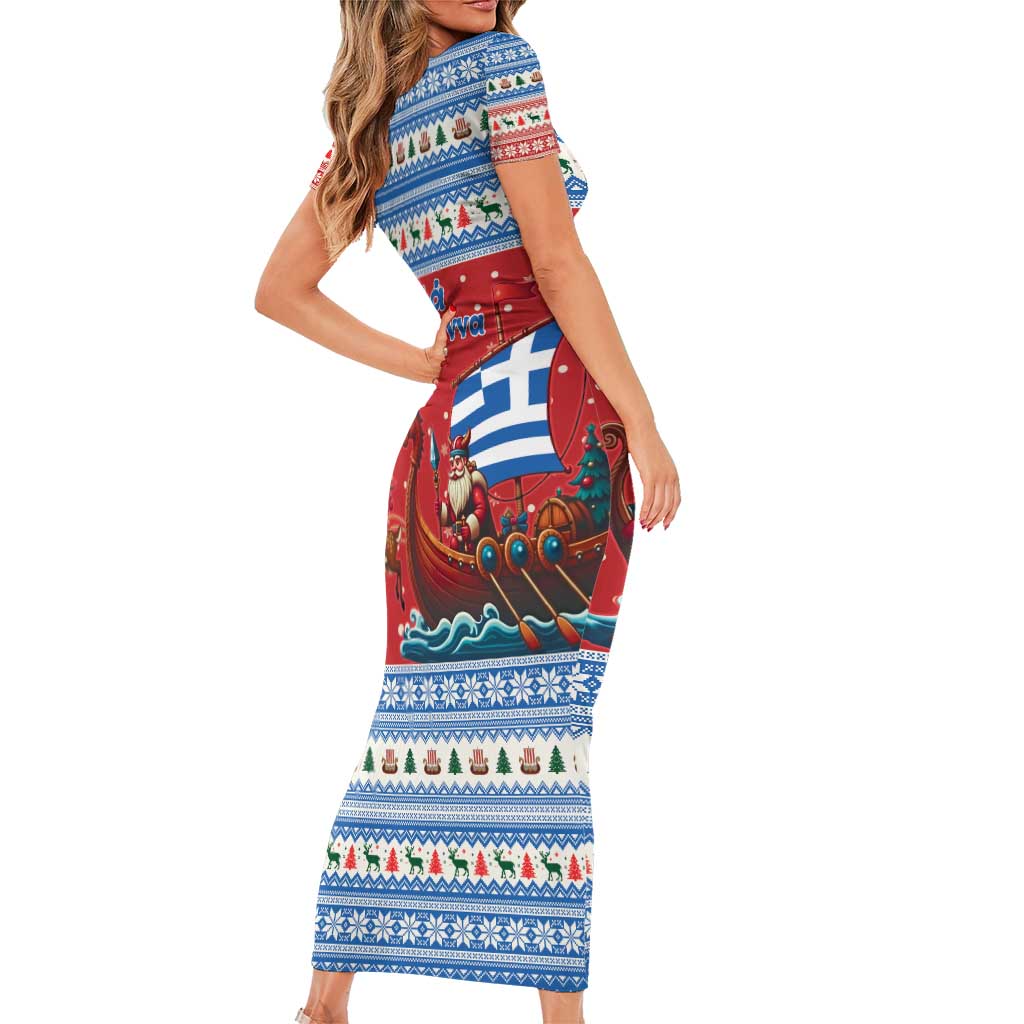 Greece Viking Santa Christmas Family Matching Short Sleeve Bodycon Dress and Hawaiian Shirt Funny Reindeer Norse Xmas - Wonder Print Shop