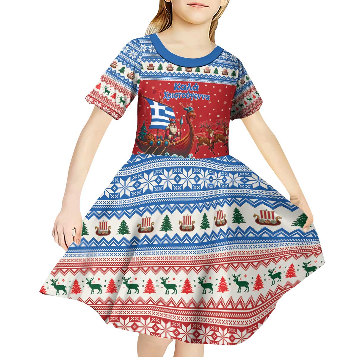Greece Viking Santa Christmas Kid Short Sleeve Dress Funny Reindeer Norse Xmas - Wonder Print Shop