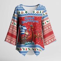 Greece Viking Santa Christmas Kimono Sleeve Blouse Funny Reindeer Norse Xmas - Wonder Print Shop