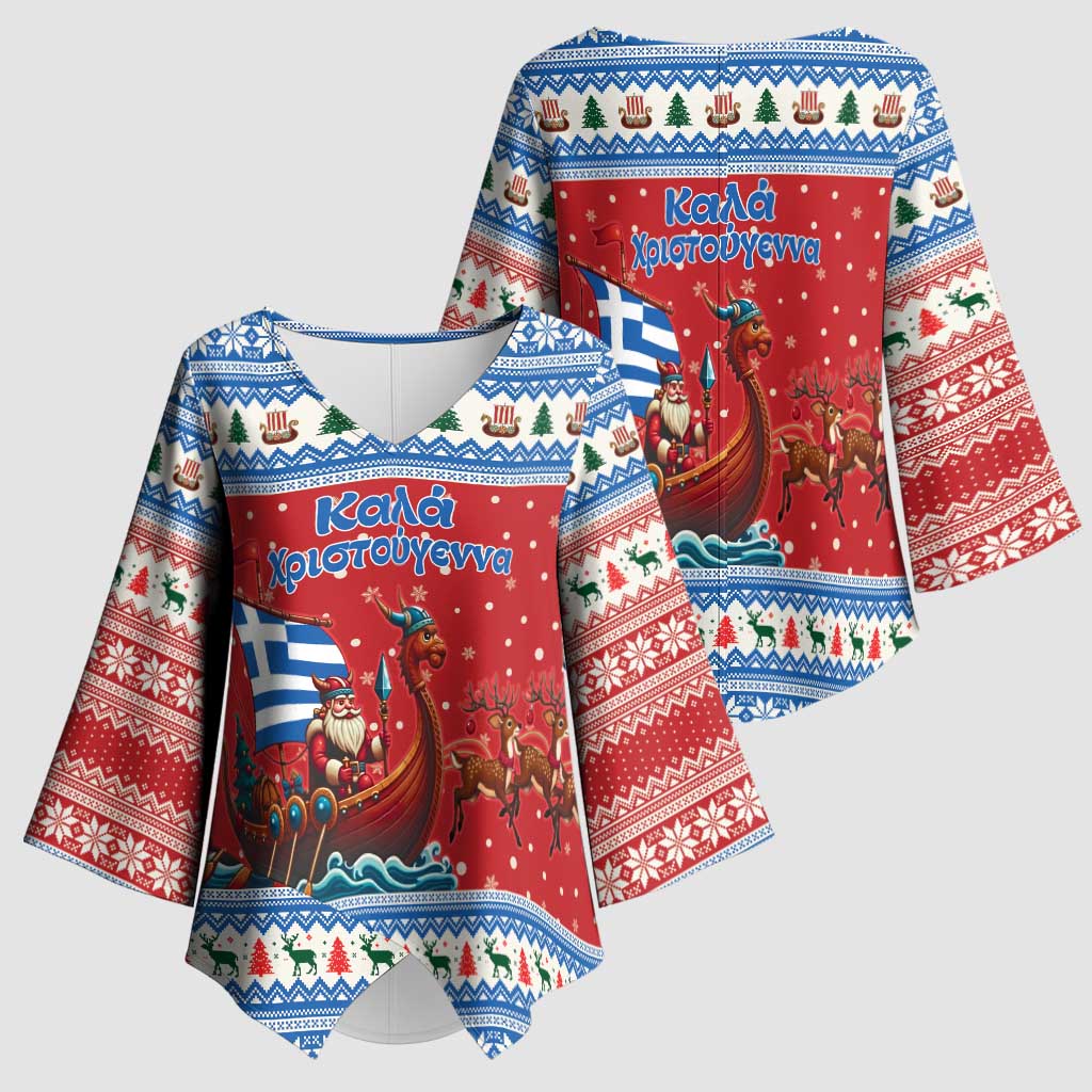Greece Viking Santa Christmas Kimono Sleeve Blouse Funny Reindeer Norse Xmas - Wonder Print Shop