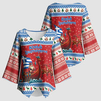 Greece Viking Santa Christmas Kimono Sleeve Blouse Funny Reindeer Norse Xmas - Wonder Print Shop