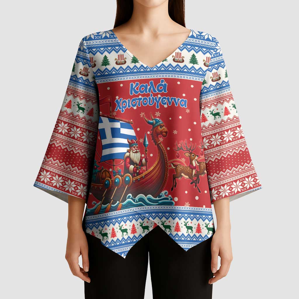 Greece Viking Santa Christmas Kimono Sleeve Blouse Funny Reindeer Norse Xmas - Wonder Print Shop