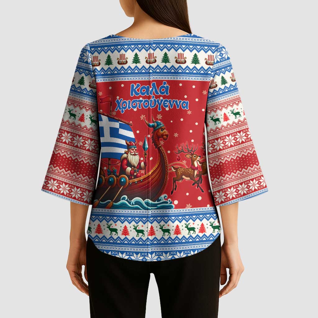 Greece Viking Santa Christmas Kimono Sleeve Blouse Funny Reindeer Norse Xmas - Wonder Print Shop