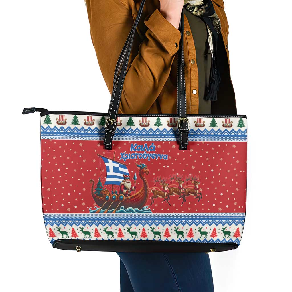 Greece Viking Santa Christmas Leather Tote Bag Funny Reindeer Norse Xmas - Wonder Print Shop