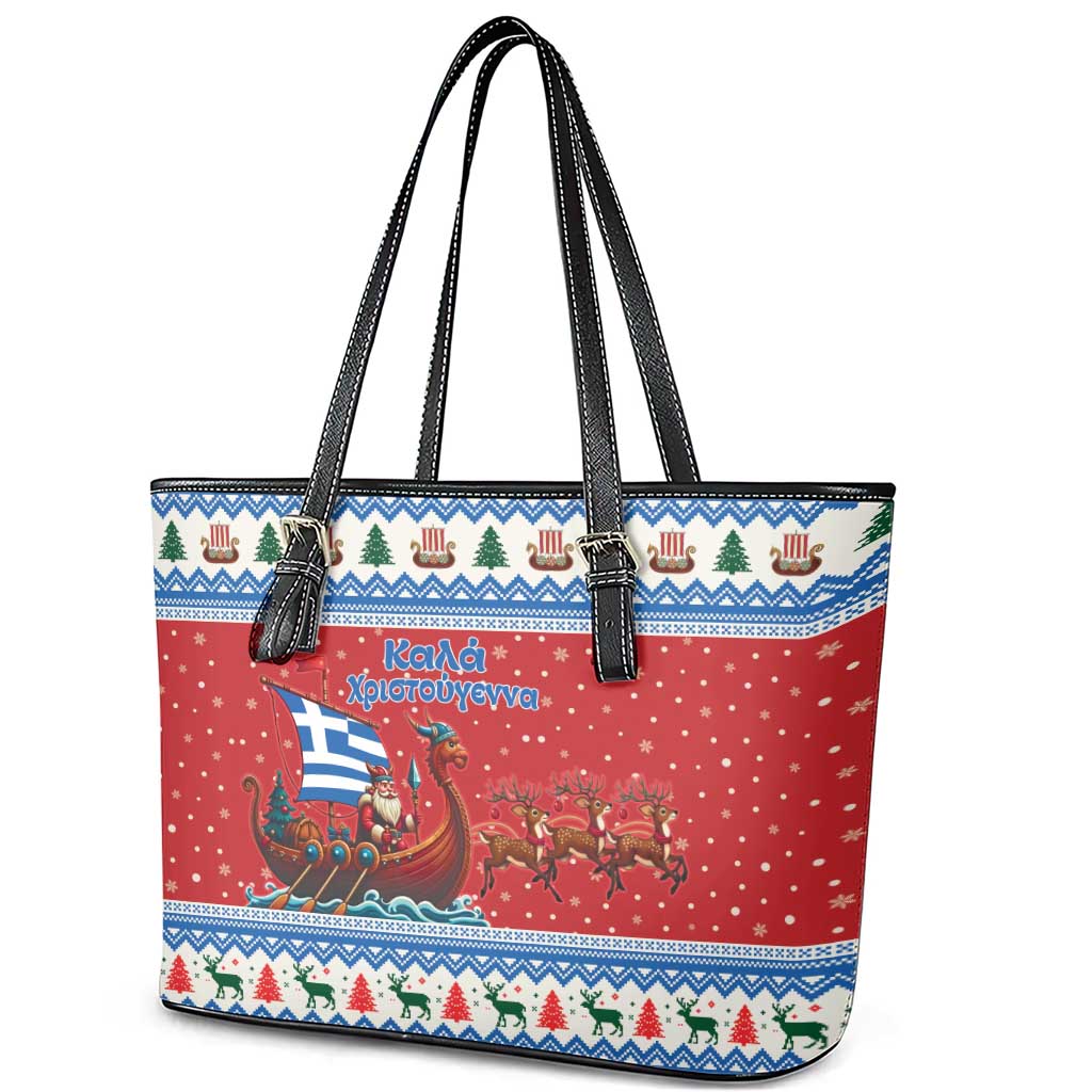 Greece Viking Santa Christmas Leather Tote Bag Funny Reindeer Norse Xmas - Wonder Print Shop