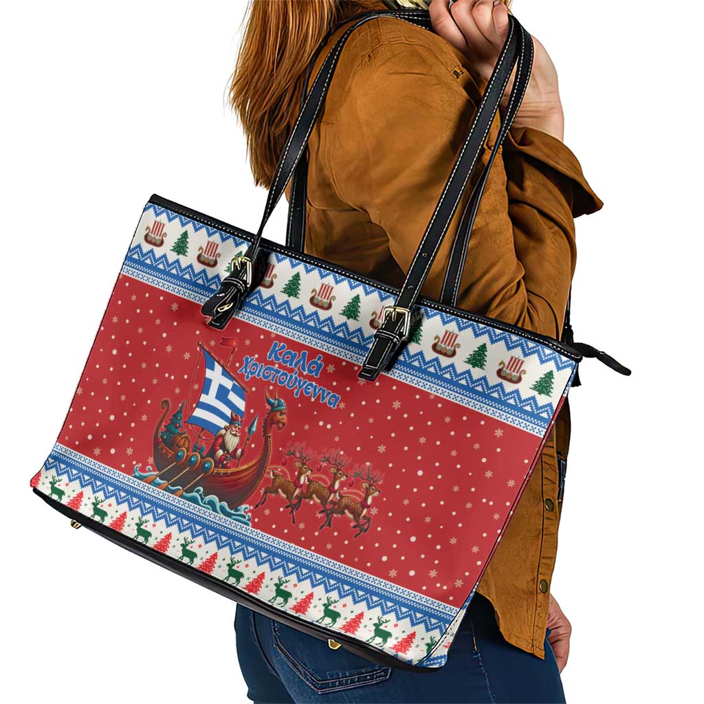 Greece Viking Santa Christmas Leather Tote Bag Funny Reindeer Norse Xmas - Wonder Print Shop
