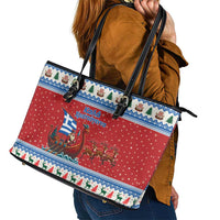 Greece Viking Santa Christmas Leather Tote Bag Funny Reindeer Norse Xmas - Wonder Print Shop