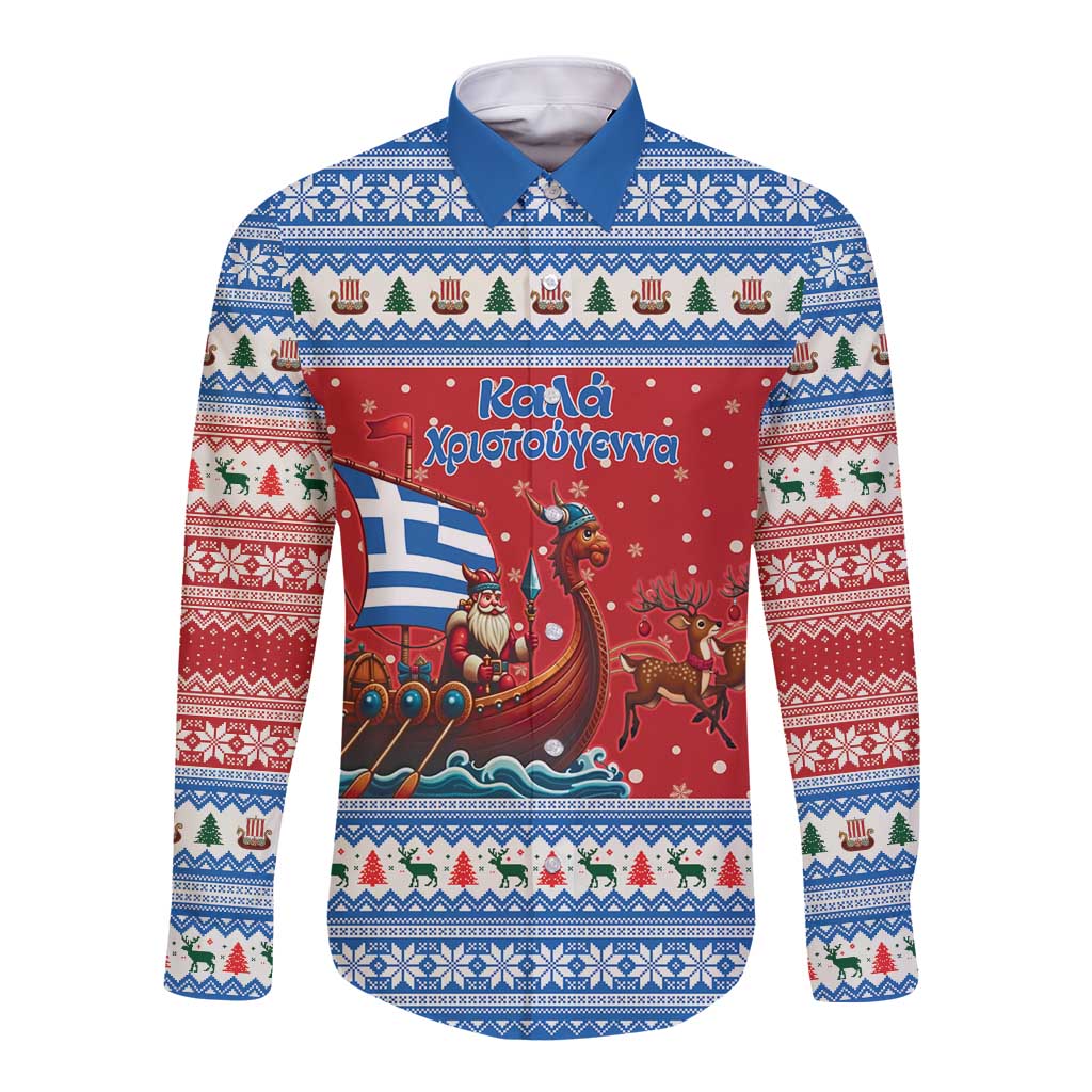 Greece Viking Santa Christmas Long Sleeve Button Shirt Funny Reindeer Norse Xmas - Wonder Print Shop
