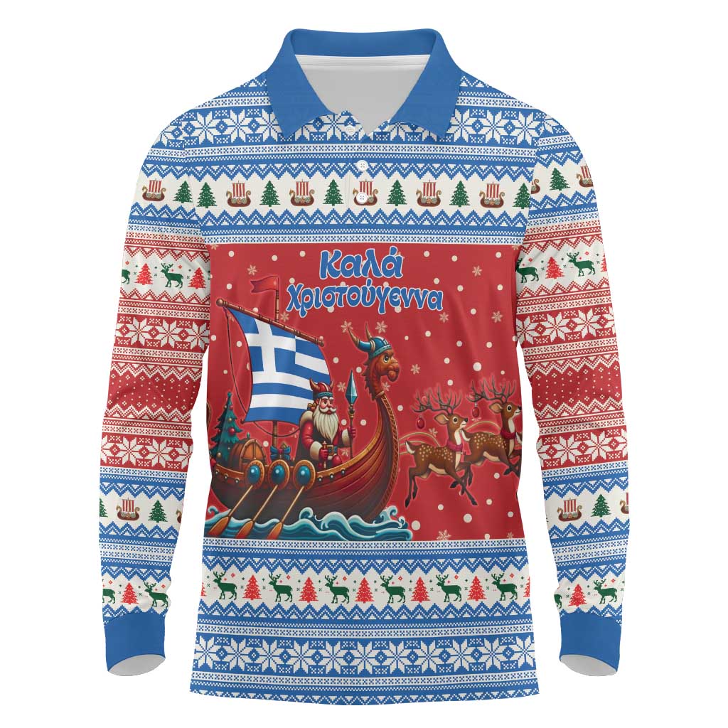 Greece Viking Santa Christmas Long Sleeve Polo Shirt Funny Reindeer Norse Xmas - Wonder Print Shop