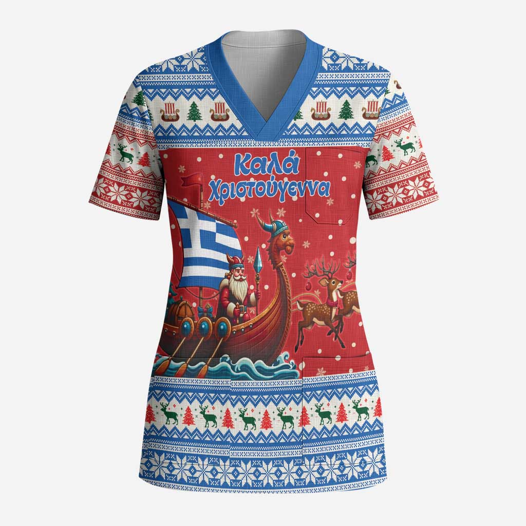 Greece Viking Santa Christmas Scrub Top Funny Reindeer Norse Xmas - Wonder Print Shop