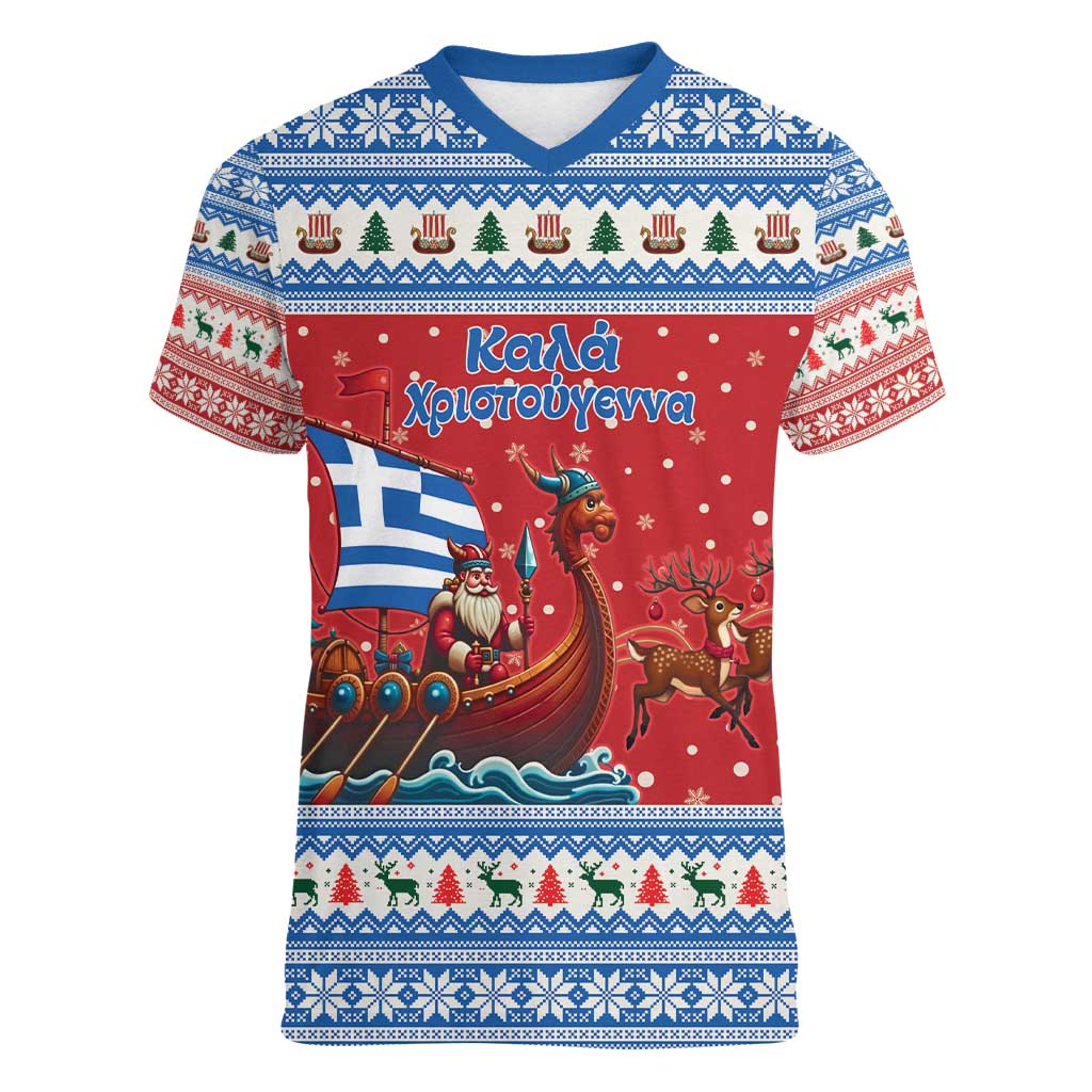 Greece Viking Santa Christmas Women V-Neck T-Shirt Funny Reindeer Norse Xmas - Wonder Print Shop