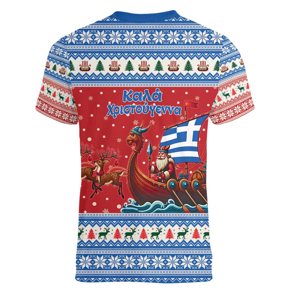 Greece Viking Santa Christmas Women V-Neck T-Shirt Funny Reindeer Norse Xmas - Wonder Print Shop