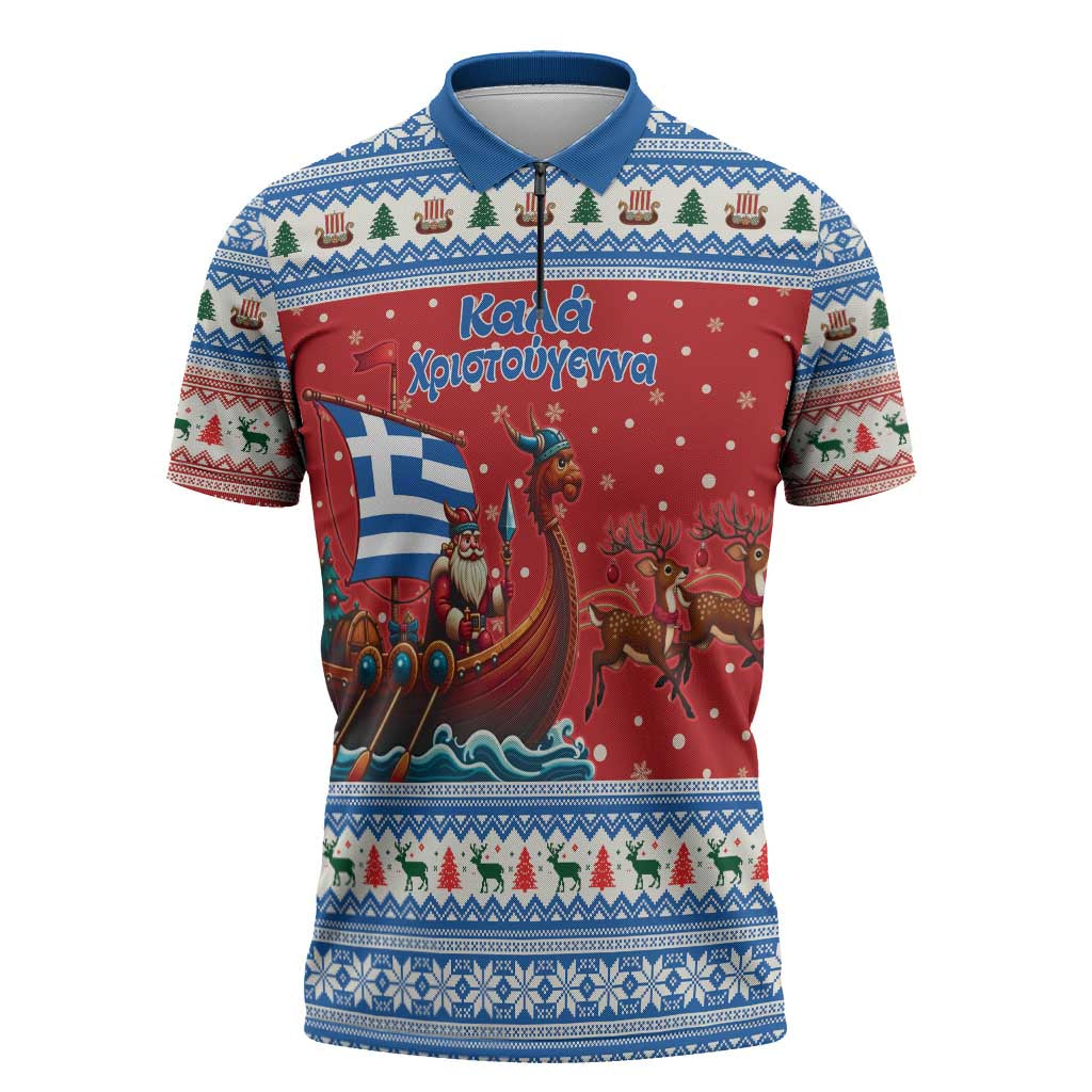 Greece Viking Santa Christmas Zipper Polo Shirt Funny Reindeer Norse Xmas - Wonder Print Shop