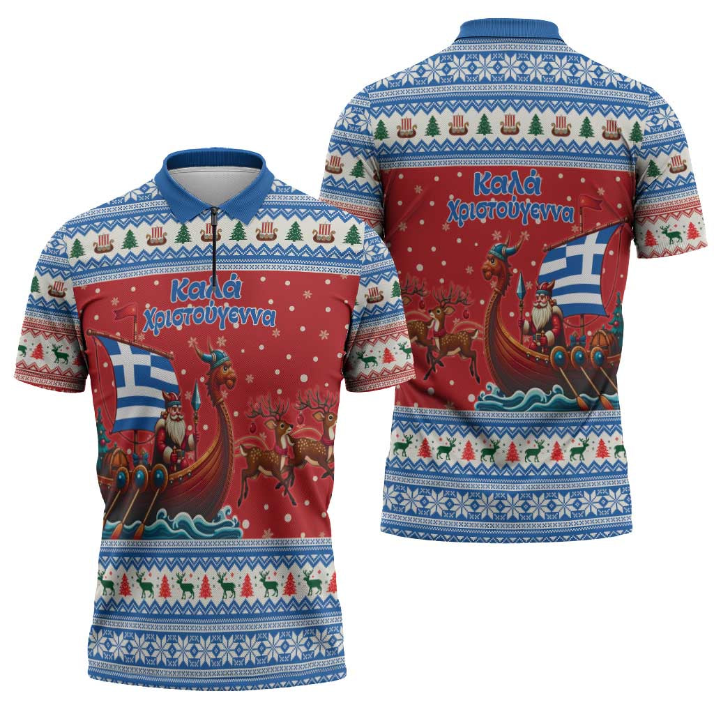 Greece Viking Santa Christmas Zipper Polo Shirt Funny Reindeer Norse Xmas - Wonder Print Shop