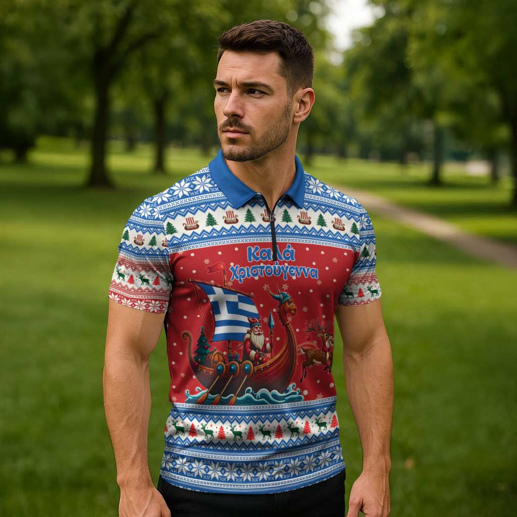 Greece Viking Santa Christmas Zipper Polo Shirt Funny Reindeer Norse Xmas - Wonder Print Shop