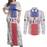 Custom Haiti Football Couples Matching Off Shoulder Maxi Dress and Long Sleeve Button Shirt National Flag Design - Wonder Print Shop