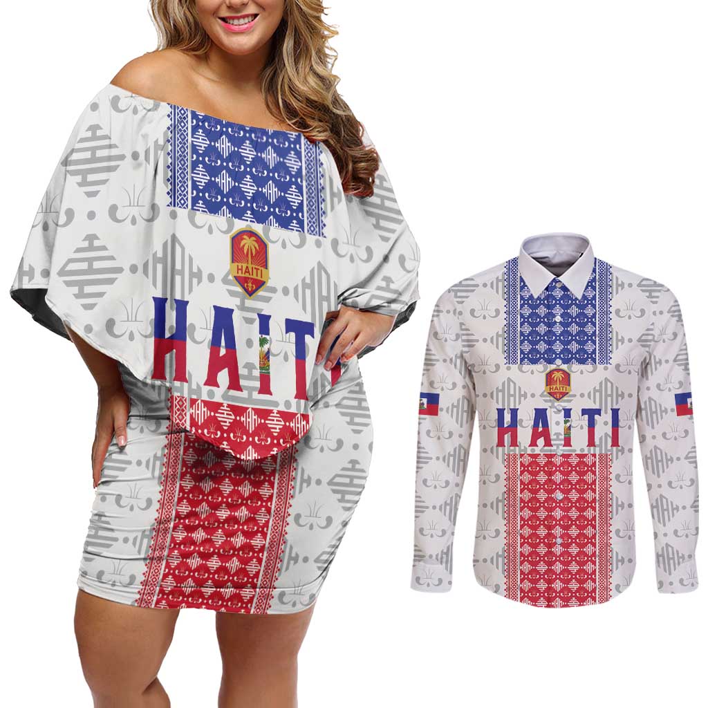 Custom Haiti Football Couples Matching Off Shoulder Short Dress and Long Sleeve Button Shirt National Flag Design - Wonder Print Shop