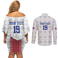 Custom Haiti Football Couples Matching Off Shoulder Short Dress and Long Sleeve Button Shirt National Flag Design - Wonder Print Shop