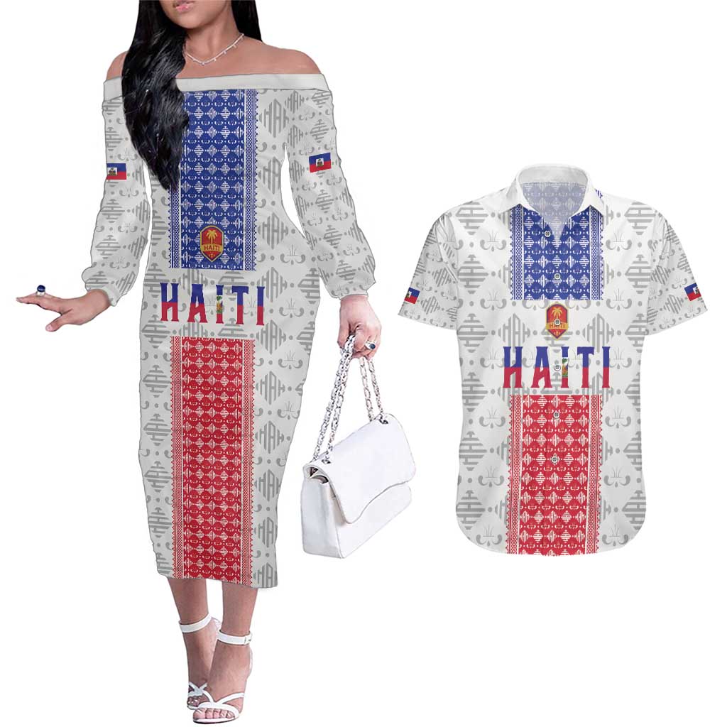 Custom Haiti Football Couples Matching Off The Shoulder Long Sleeve Dress and Hawaiian Shirt National Flag Design - Wonder Print Shop