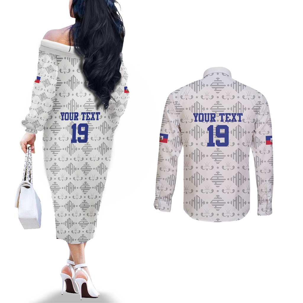 Custom Haiti Football Couples Matching Off The Shoulder Long Sleeve Dress and Long Sleeve Button Shirt National Flag Design - Wonder Print Shop