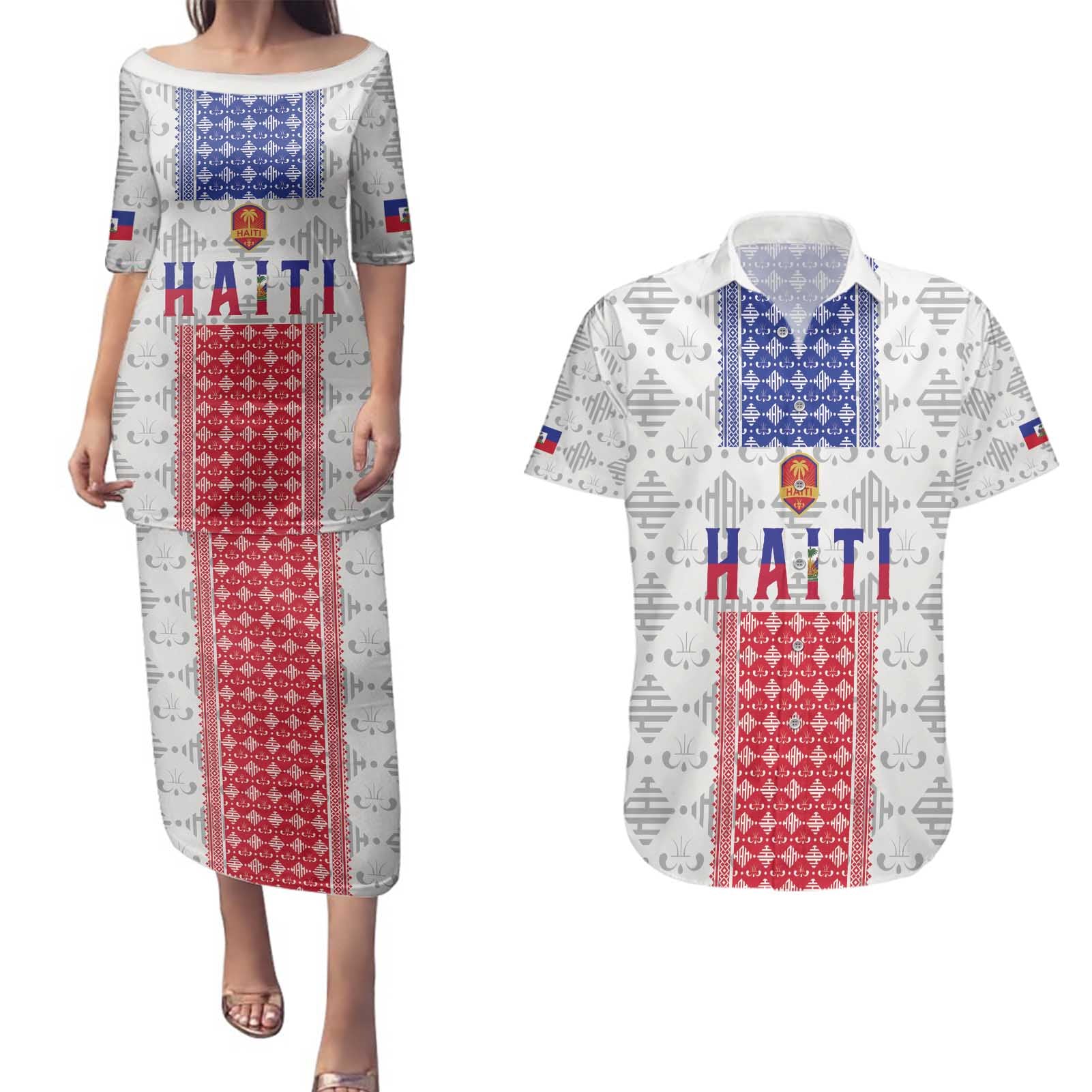 Custom Haiti Football Couples Matching Puletasi and Hawaiian Shirt National Flag Design - Wonder Print Shop