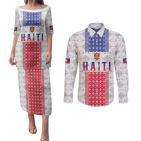 Custom Haiti Football Couples Matching Puletasi and Long Sleeve Button Shirt National Flag Design - Wonder Print Shop