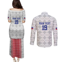 Custom Haiti Football Couples Matching Puletasi and Long Sleeve Button Shirt National Flag Design - Wonder Print Shop