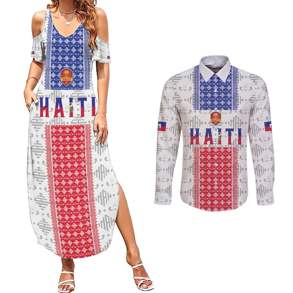 Custom Haiti Football Couples Matching Summer Maxi Dress and Long Sleeve Button Shirt National Flag Design - Wonder Print Shop