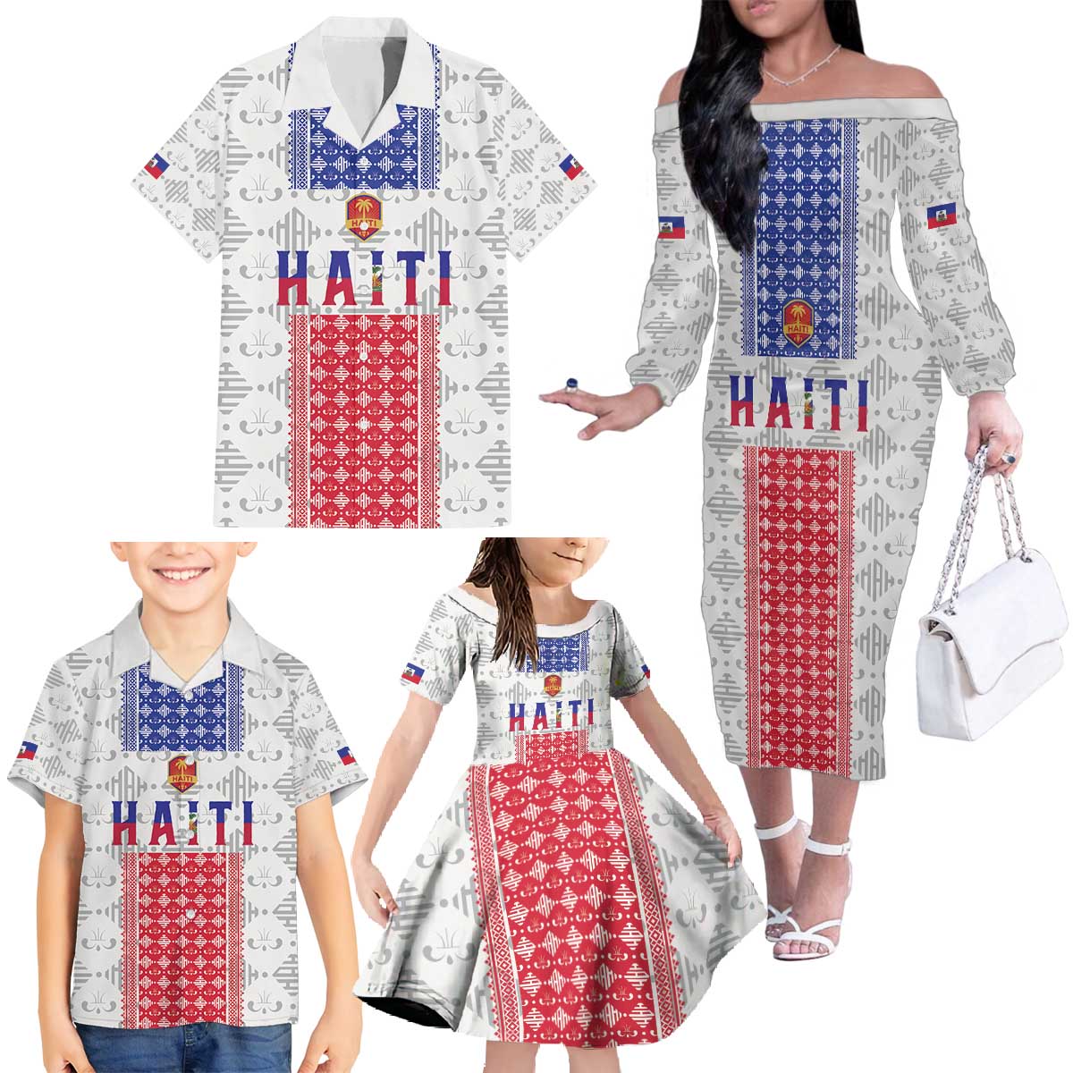 Custom Haiti Football Family Matching Off The Shoulder Long Sleeve Dress and Hawaiian Shirt National Flag Design - Wonder Print Shop