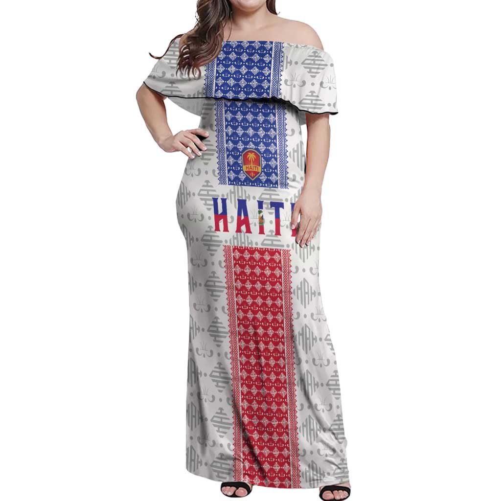 Custom Haiti Football Off Shoulder Maxi Dress National Flag Design - Wonder Print Shop