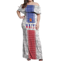 Custom Haiti Football Off Shoulder Maxi Dress National Flag Design - Wonder Print Shop