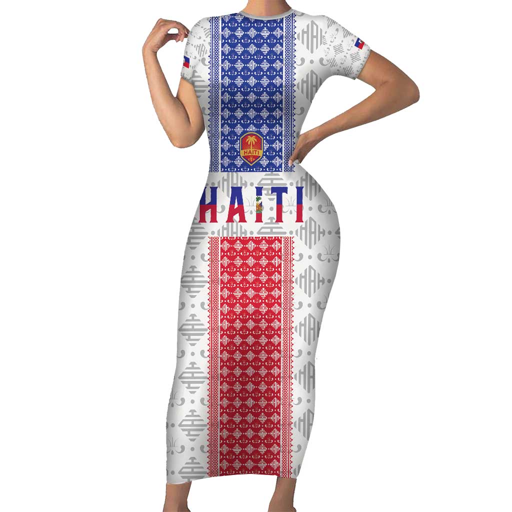 Custom Haiti Football Short Sleeve Bodycon Dress National Flag Design - Wonder Print Shop