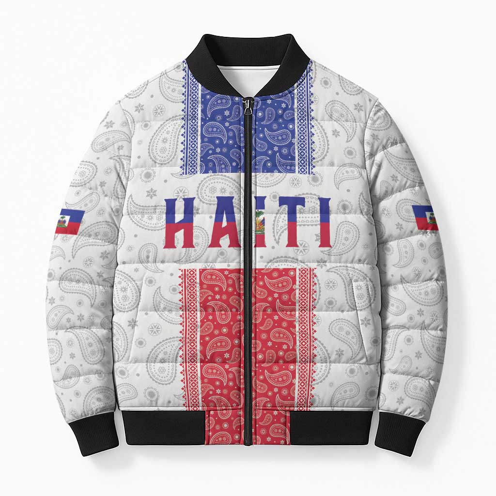 Custom Haiti Football Bomber Puffer Jacket Paisley Flag Pattern Design - Wonder Print Shop