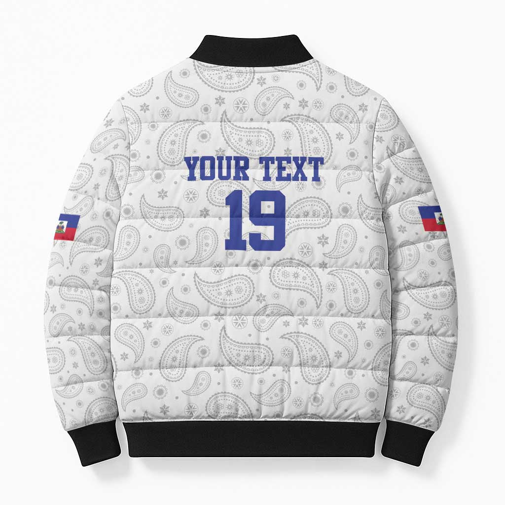 Custom Haiti Football Bomber Puffer Jacket Paisley Flag Pattern Design - Wonder Print Shop