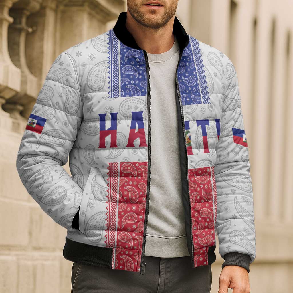 Custom Haiti Football Bomber Puffer Jacket Paisley Flag Pattern Design - Wonder Print Shop