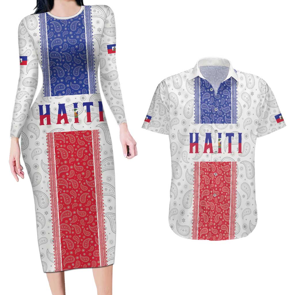 Custom Haiti Football Couples Matching Long Sleeve Bodycon Dress and Hawaiian Shirt Paisley Flag Pattern Design - Wonder Print Shop