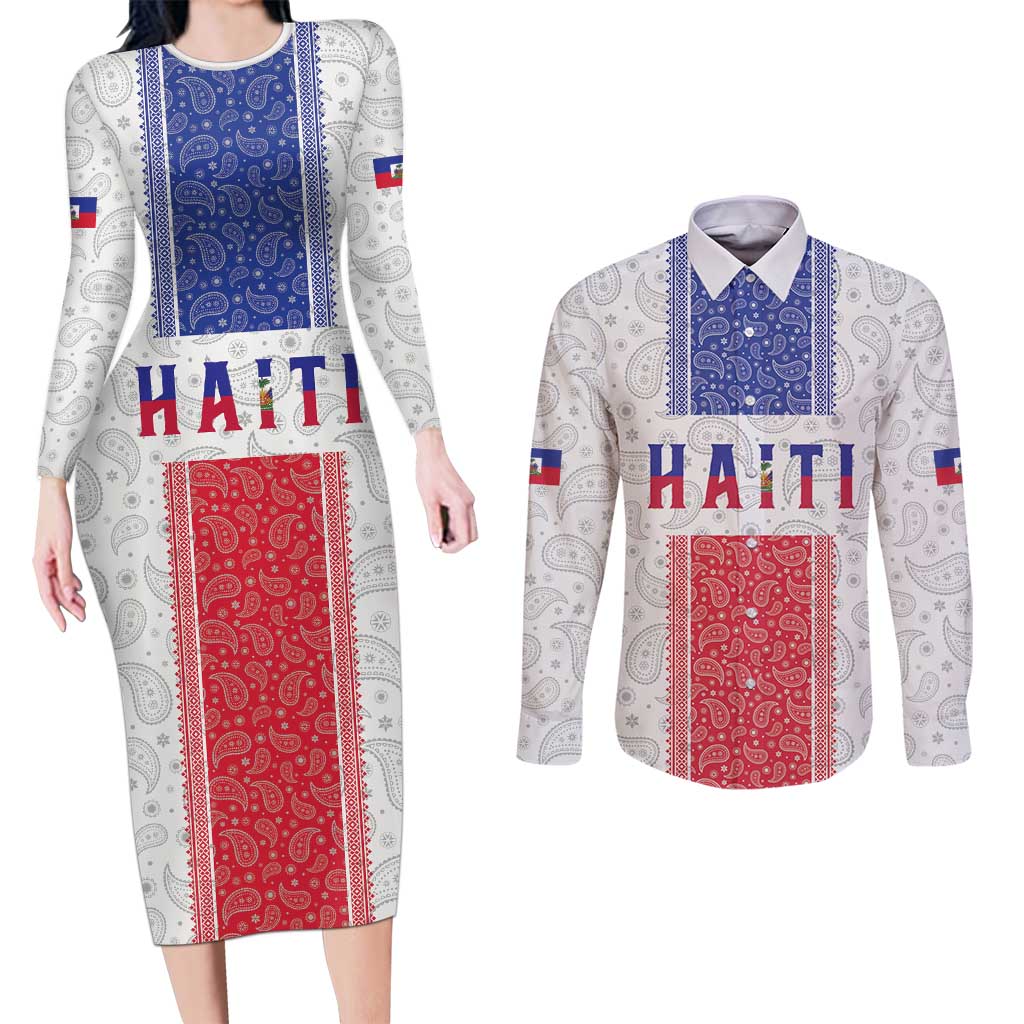 Custom Haiti Football Couples Matching Long Sleeve Bodycon Dress and Long Sleeve Button Shirt Paisley Flag Pattern Design - Wonder Print Shop