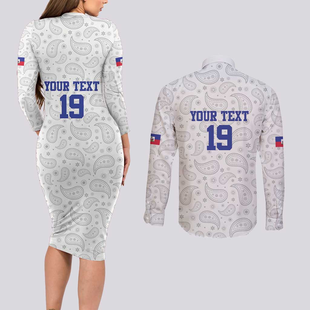 Custom Haiti Football Couples Matching Long Sleeve Bodycon Dress and Long Sleeve Button Shirt Paisley Flag Pattern Design - Wonder Print Shop