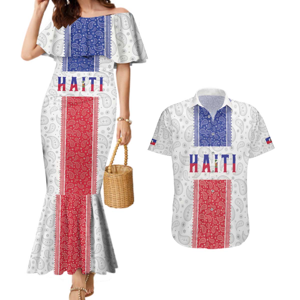 Custom Haiti Football Couples Matching Mermaid Dress and Hawaiian Shirt Paisley Flag Pattern Design - Wonder Print Shop