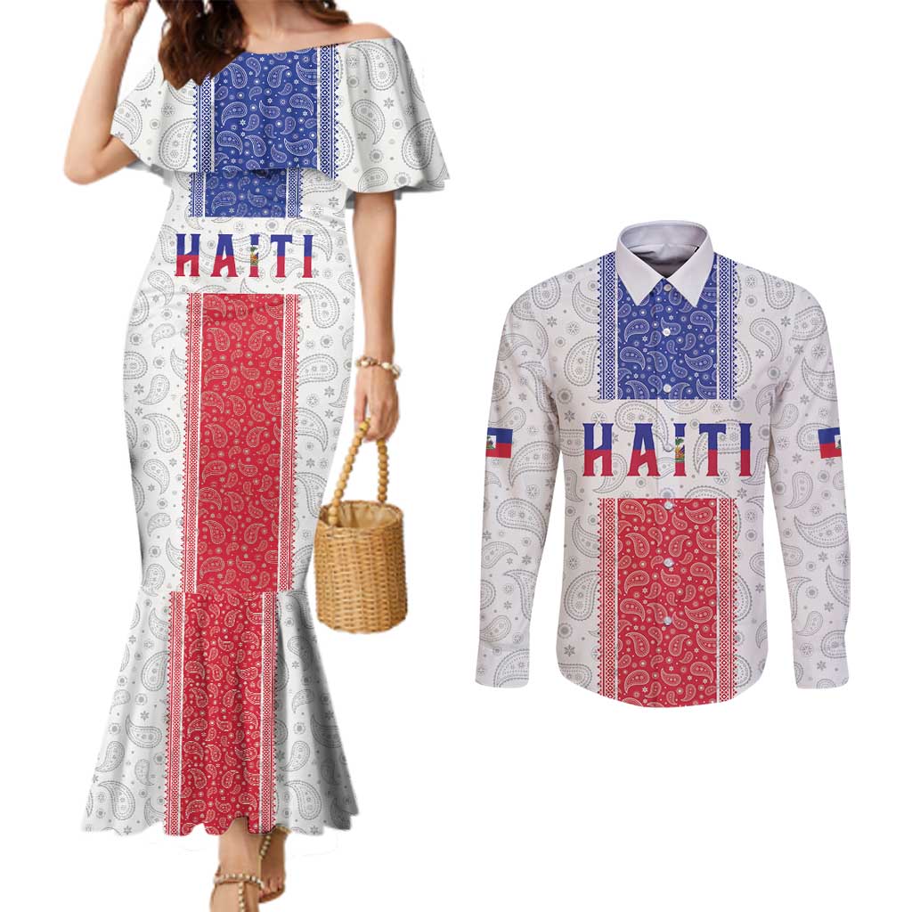 Custom Haiti Football Couples Matching Mermaid Dress and Long Sleeve Button Shirt Paisley Flag Pattern Design - Wonder Print Shop