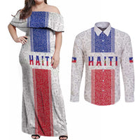 Custom Haiti Football Couples Matching Off Shoulder Maxi Dress and Long Sleeve Button Shirt Paisley Flag Pattern Design - Wonder Print Shop