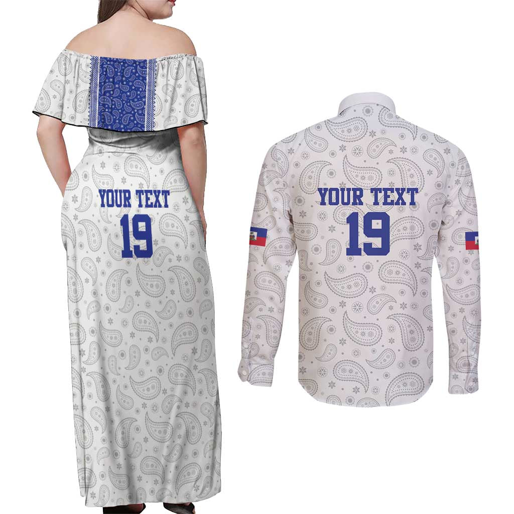 Custom Haiti Football Couples Matching Off Shoulder Maxi Dress and Long Sleeve Button Shirt Paisley Flag Pattern Design - Wonder Print Shop