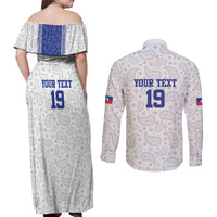 Custom Haiti Football Couples Matching Off Shoulder Maxi Dress and Long Sleeve Button Shirt Paisley Flag Pattern Design - Wonder Print Shop