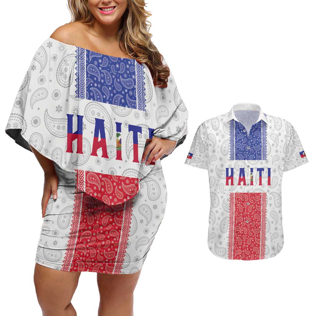 Custom Haiti Football Couples Matching Off Shoulder Short Dress and Hawaiian Shirt Paisley Flag Pattern Design - Wonder Print Shop