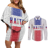 Custom Haiti Football Couples Matching Off Shoulder Short Dress and Long Sleeve Button Shirt Paisley Flag Pattern Design - Wonder Print Shop