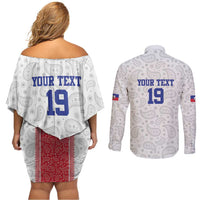 Custom Haiti Football Couples Matching Off Shoulder Short Dress and Long Sleeve Button Shirt Paisley Flag Pattern Design - Wonder Print Shop