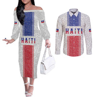Custom Haiti Football Couples Matching Off The Shoulder Long Sleeve Dress and Long Sleeve Button Shirt Paisley Flag Pattern Design - Wonder Print Shop